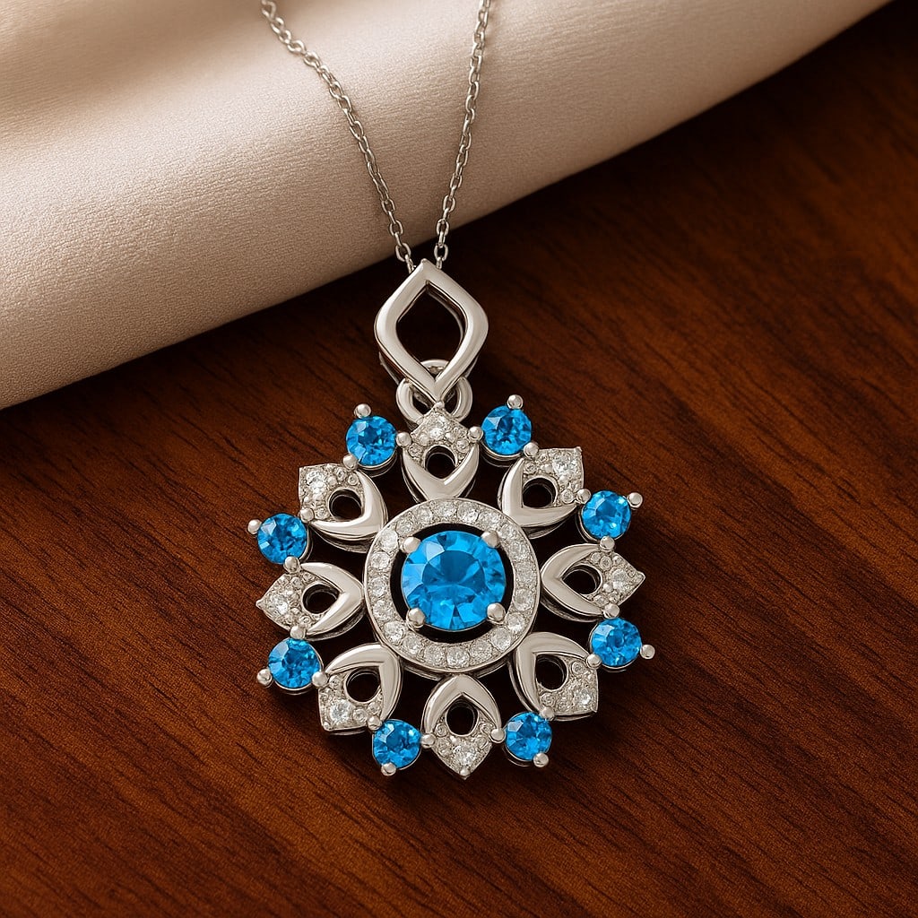 Natural Swiss Blue Topaz & Diamond 92.5 Sterling Silver Pendant with Chain: Natural Swiss Blue Topaz & Diamond 92.5 Sterling Silver Pendant with Chain Gemstone Shape : Round Gemstone Size : 4 MM, 2 MM Gemstone Quantity : 1 Piece, 8 Pieces Diamond Type : Lab Grown Diamond Shap