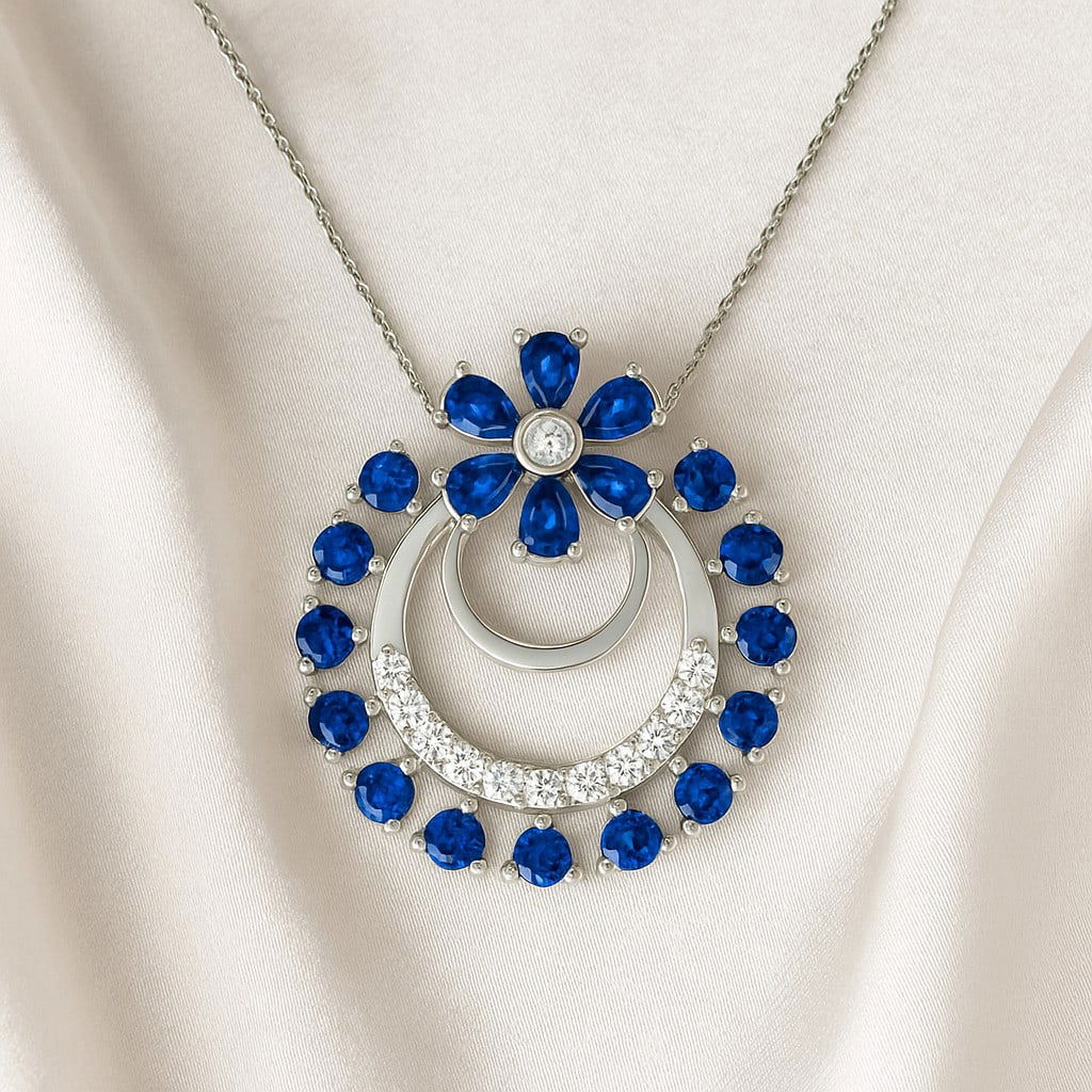 Natural Blue Sapphire & Diamond 92.5 Sterling Silver Pendant with Chain (1 of 7)