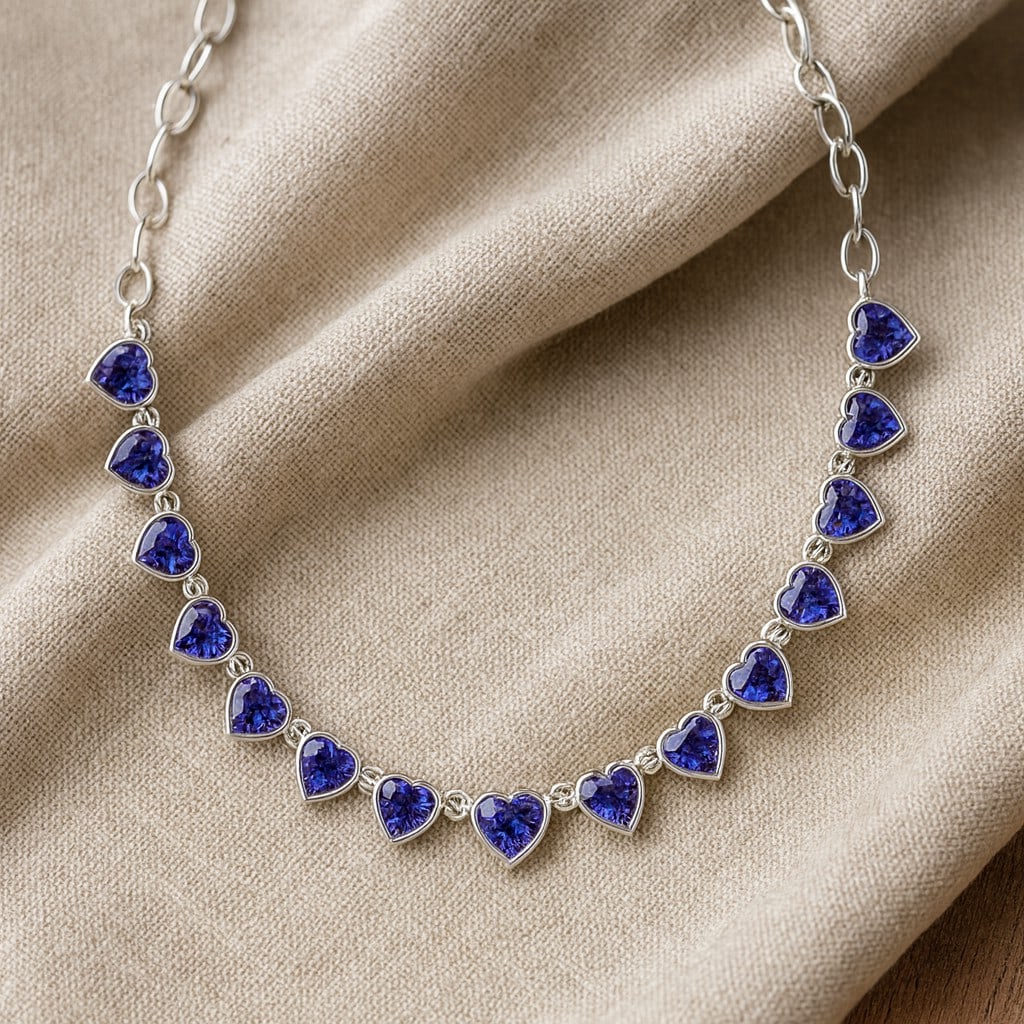 Natural Tanzanite Gemstone 92.5 Sterling Silver Necklace: Natural Tanzanite Gemstone 92.5 Sterling Silver Necklace Gemstone Shape : Heart Gemstone Size : 5 MM Gemstone Quantity : 15 Pieces Metal : Silver Metal Purity : 92.5 Sterling Silver Pendant Len