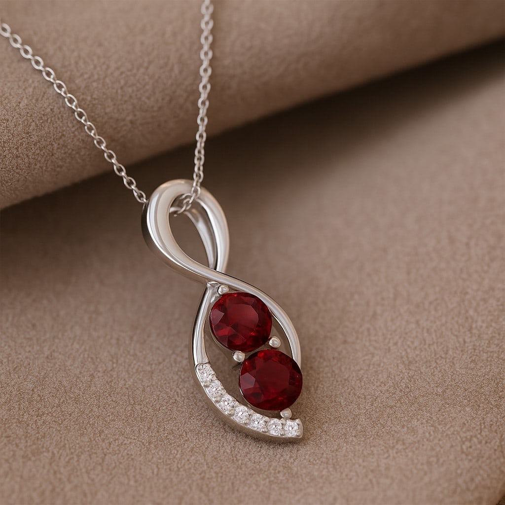 Natural Ruby & Diamond 92.5 Sterling Silver Pendant with Chain: Natural Ruby & Diamond 92.5 Sterling Silver Pendant with Chain Gemstone Shape : Round Gemstone Size : 5.5 MM Gemstone Quantity : 2 Pieces Diamond Type : Lab Grown Diamond Shape : Round Diamond