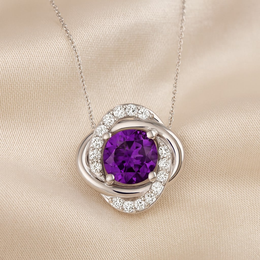 Natural Amethyst & Diamond 92.5 Sterling Silver Necklace: Natural Amethyst & Diamond 92.5 Sterling Silver Necklace Gemstone Shape : Round Gemstone Size : 6 MM Gemstone Quantity : 1 Piece Diamond Type : Lab Grown Diamond Shape : Round Diamond Color : <