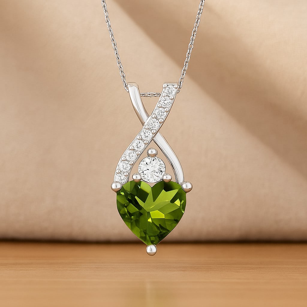 Natural Peridot & Diamond 92.5 Sterling Silver Pendant with Chain: Natural Peridot & Diamond 92.5 Sterling Silver Pendant with Chain Gemstone Shape : Heart Gemstone Size : 5 MM Gemstone Quantity : 1 Piece Diamond Type : Lab Grown Diamond Shape : Round Diamond