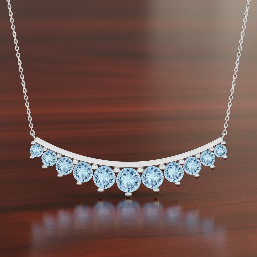 Natural Aquamarine Gemstone 92.5 Sterling Silver Necklace: Natural Aquamarine Gemstone 92.5 Sterling Silver Necklace Gemstone Shape : Round Gemstone Size : 2.2 - 4.2 MM Gemstone Quantity : 11 Pieces Metal : Silver Metal Purity : 92.5 Sterling Silver Pe