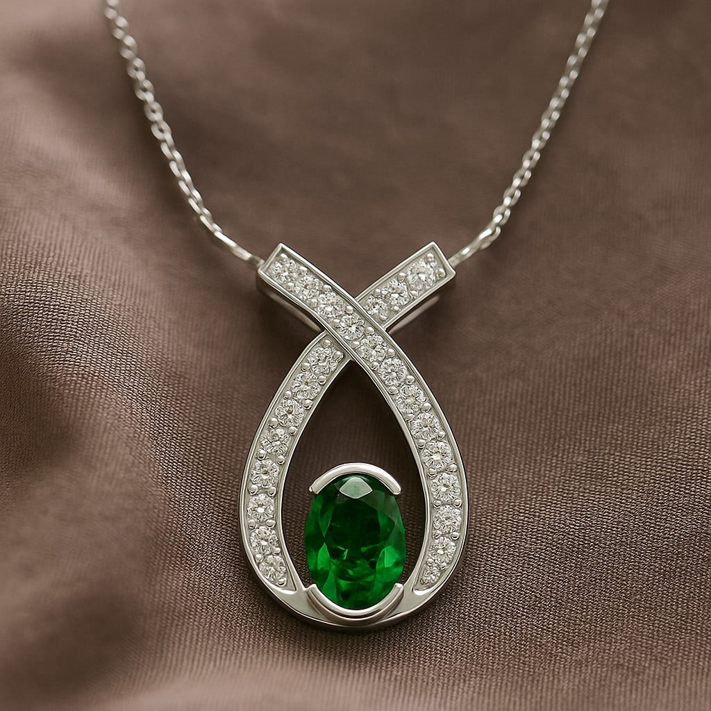 Lab Grown Emerald & Diamond 92.5 Sterling Silver Pendant with Chain: Lab Grown Emerald & Diamond 92.5 Sterling Silver Pendant with Chain Gemstone Shape : Oval Gemstone Size : 7x5 MM Gemstone Quantity : 1 Piece Diamond Type : Lab Grown Diamond Shape : Round Diamo