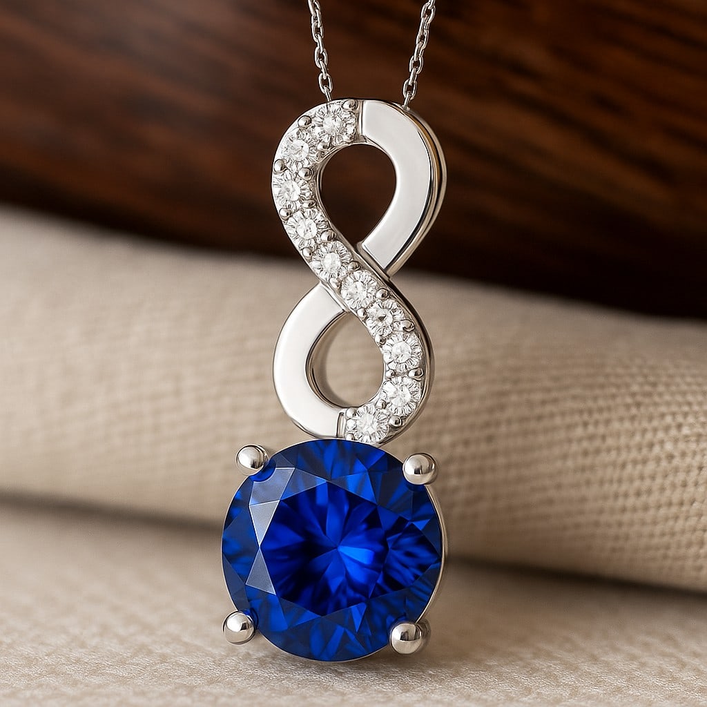 Natural Blue Sapphire & Diamond 92.5 Sterling Silver Pendant with Chain: Natural Blue Sapphire & Diamond 92.5 Sterling Silver Pendant with Chain Gemstone Shape : Round Gemstone Size : 7 MM Gemstone Quantity : 1 Piece Diamond Type : Lab Grown Diamond Shape : Round Di