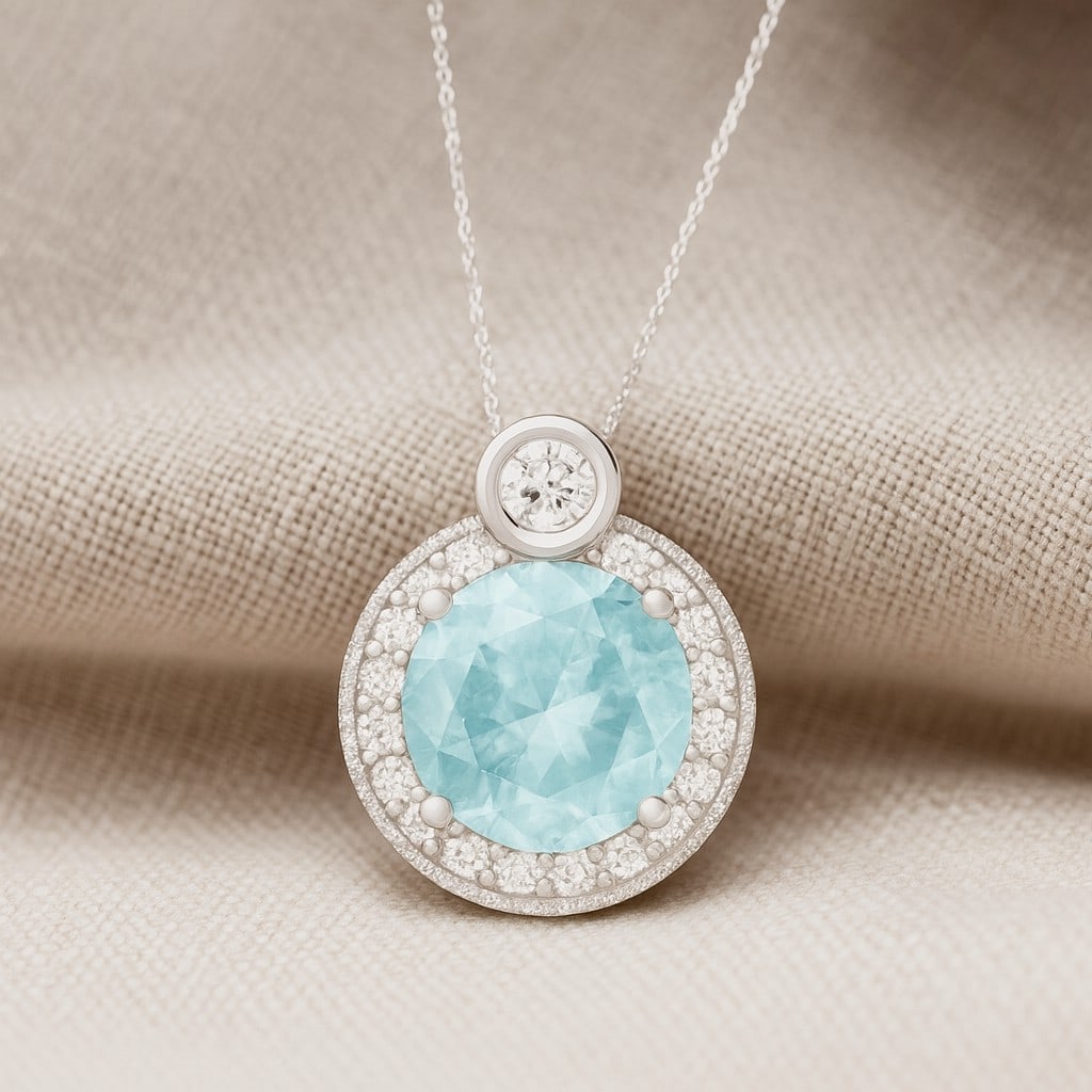 Natural Aquamarine & Diamond 92.5 Sterling Silver Pendant with Chain: Natural Aquamarine & Diamond 92.5 Sterling Silver Pendant with Chain Gemstone Shape : Round Gemstone Size : 7 MM Gemstone Quantity : 1 Piece Diamond Type : Lab Grown Diamond Shape : Round Diamo
