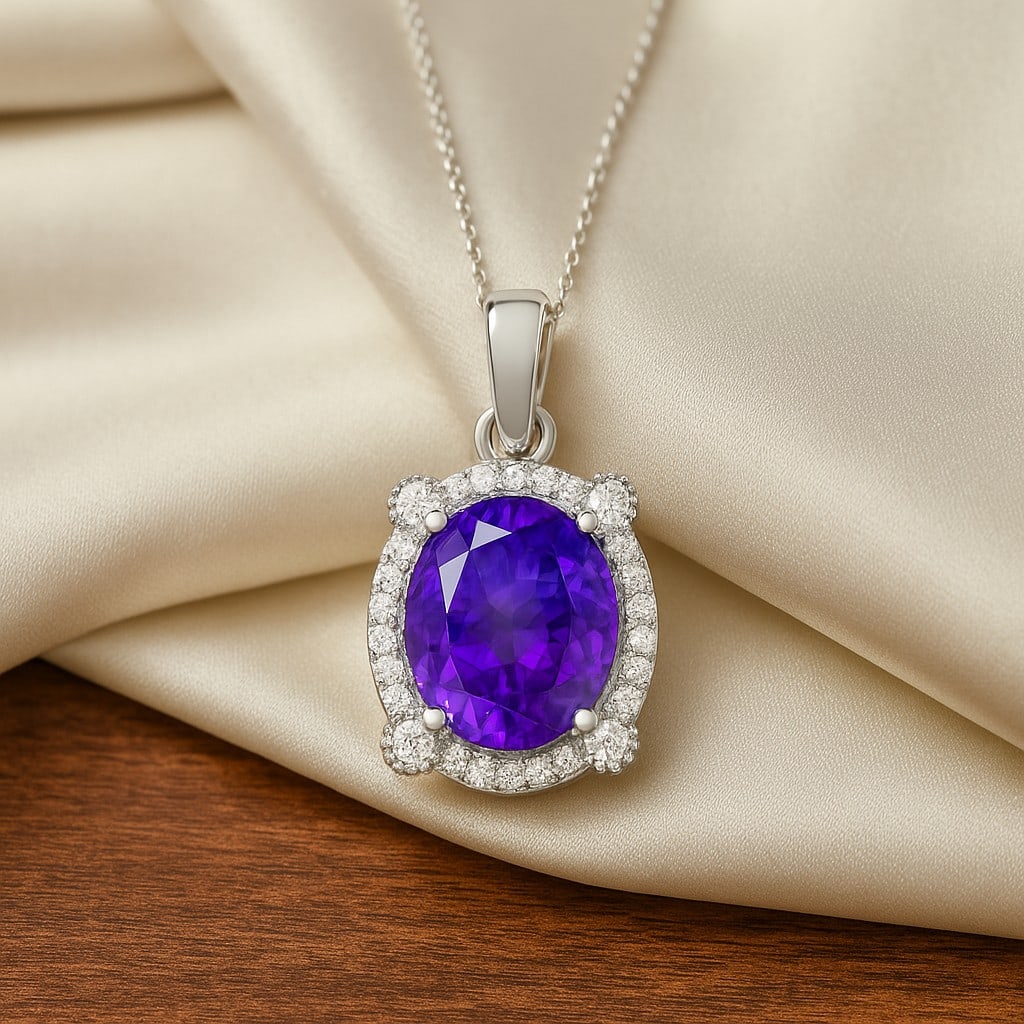 Natural Tanzanite & Diamond 92.5 Sterling Silver Pendant with Chain: Natural Tanzanite & Diamond 92.5 Sterling Silver Pendant with Chain Gemstone Shape : Oval Gemstone Size : 10x8 MM Gemstone Quantity : 2 Pieces Diamond Type : Lab Grown Diamond Shape : Round Dia