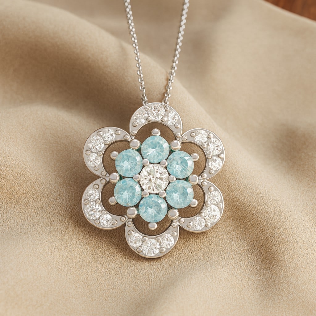 Natural Aquamarine & Diamond 92.5 Sterling Silver Pendant with Chain: Natural Aquamarine & Diamond 92.5 Sterling Silver Pendant with Chain Gemstone Shape : Round Gemstone Size : 2.5 MM Gemstone Quantity : 6 Pieces Diamond Type : Lab Grown Diamond Shape : Round Di