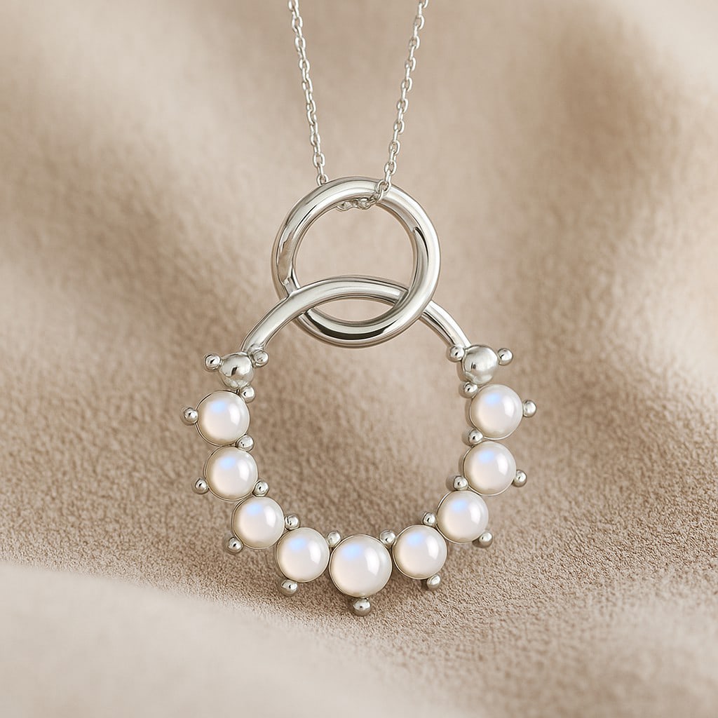 Natural Moonstone Gemstone 92.5 Sterling Silver Pendant with Chain: Natural Moonstone Gemstone 92.5 Sterling Silver Pendant with Chain Gemstone Shape : Round Gemstone Size : 3 MM, 2.5 MM Gemstone Quantity : 9 Pieces Metal : Silver Metal Purity : 92.5 Sterling Silver</