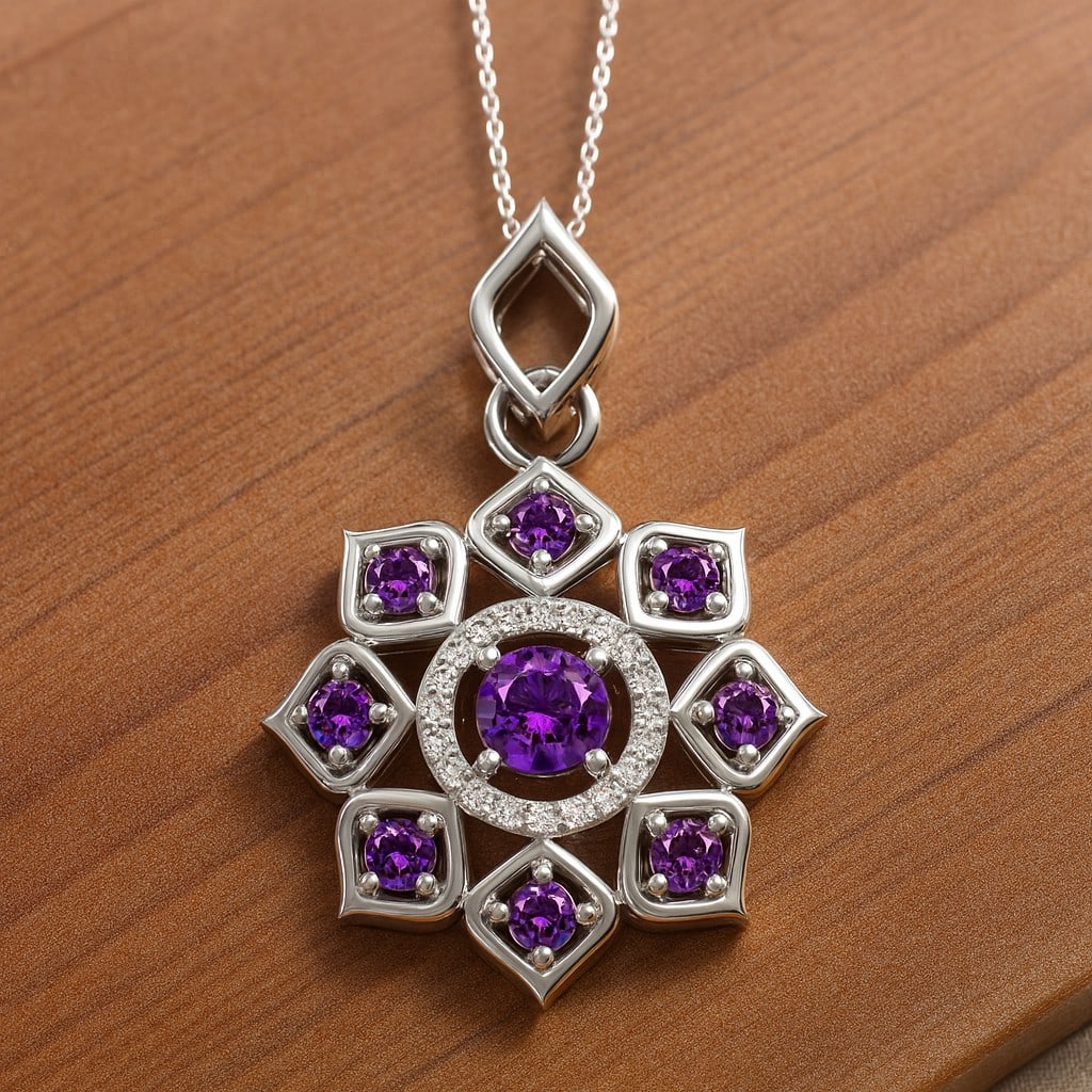 Natural Amethyst & Diamond 92.5 Sterling Silver Pendant with Chain: Natural Amethyst & Diamond 92.5 Sterling Silver Pendant with Chain Gemstone Shape : Round Gemstone Size : 4 MM, 2 MM Gemstone Quantity : 9 Pieces Diamond Type : Lab Grown Diamond Shape : Round