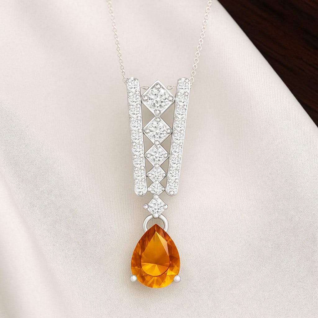 Natural Citrine & Diamond 92.5 Sterling Silver Pendant with Chain: Natural Citrine & Diamond 92.5 Sterling Silver Pendant with Chain Gemstone Shape : Pear Gemstone Size : 8x6 MM Gemstone Quantity : 1 Piece Diamond Type : Lab Grown Diamond Shape : Round Diamond