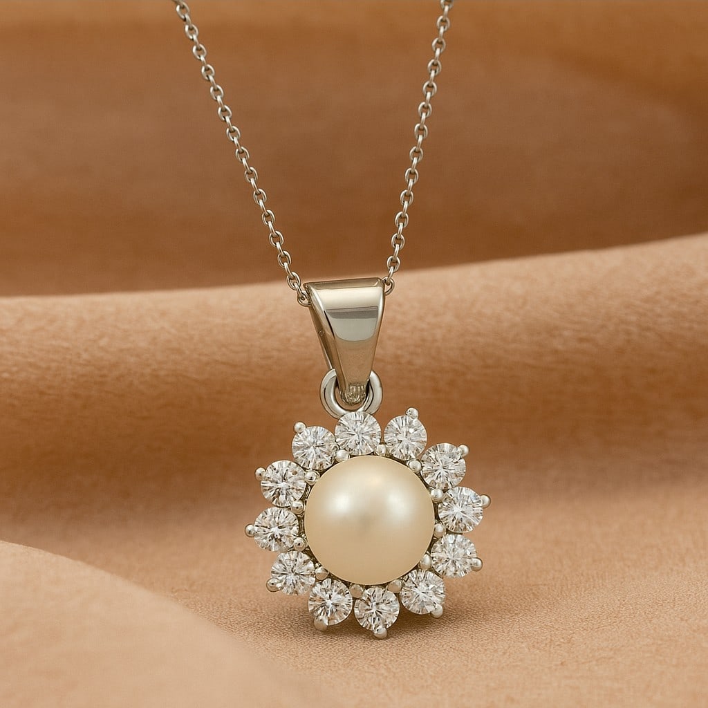 Natural Pearl & Diamond 92.5 Sterling Silver Pendant with Chain: Natural Pearl & Diamond 92.5 Sterling Silver Pendant with Chain Gemstone Shape : Round Gemstone Size : 7 MM Gemstone Quantity : 1 Piece Diamond Type : Lab Grown Diamond Shape : Round Diamond Co