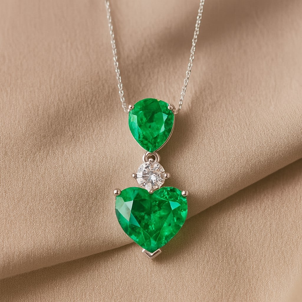 Lab Grown Emerald & Diamond 92.5 Sterling Silver Pendant with Chain: Lab Grown Emerald & Diamond 92.5 Sterling Silver Pendant with Chain Gemstone Shape : Heart, Pear Gemstone Size : 9 MM, 7x5 MM Gemstone Quantity : 2 Pieces Diamond Type : Lab Grown Diamond Shape : Roun
