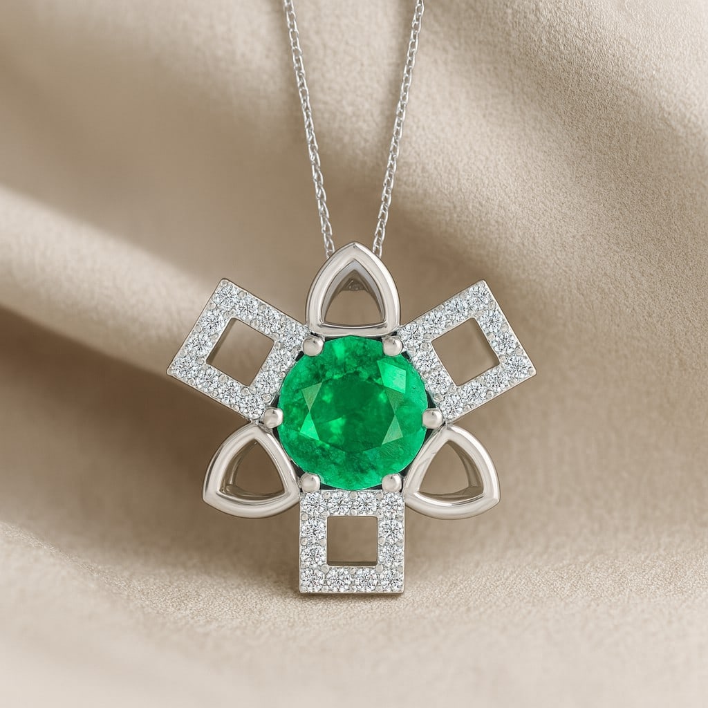 Lab Grown Emerald & Diamond 92.5 Sterling Silver Pendant with Chain: Lab Grown Emerald & Diamond 92.5 Sterling Silver Pendant with Chain Gemstone Shape : Round Gemstone Size : 6 MM Gemstone Quantity : 1 Piece Diamond Type : Lab Grown Diamond Shape : Round Diamon