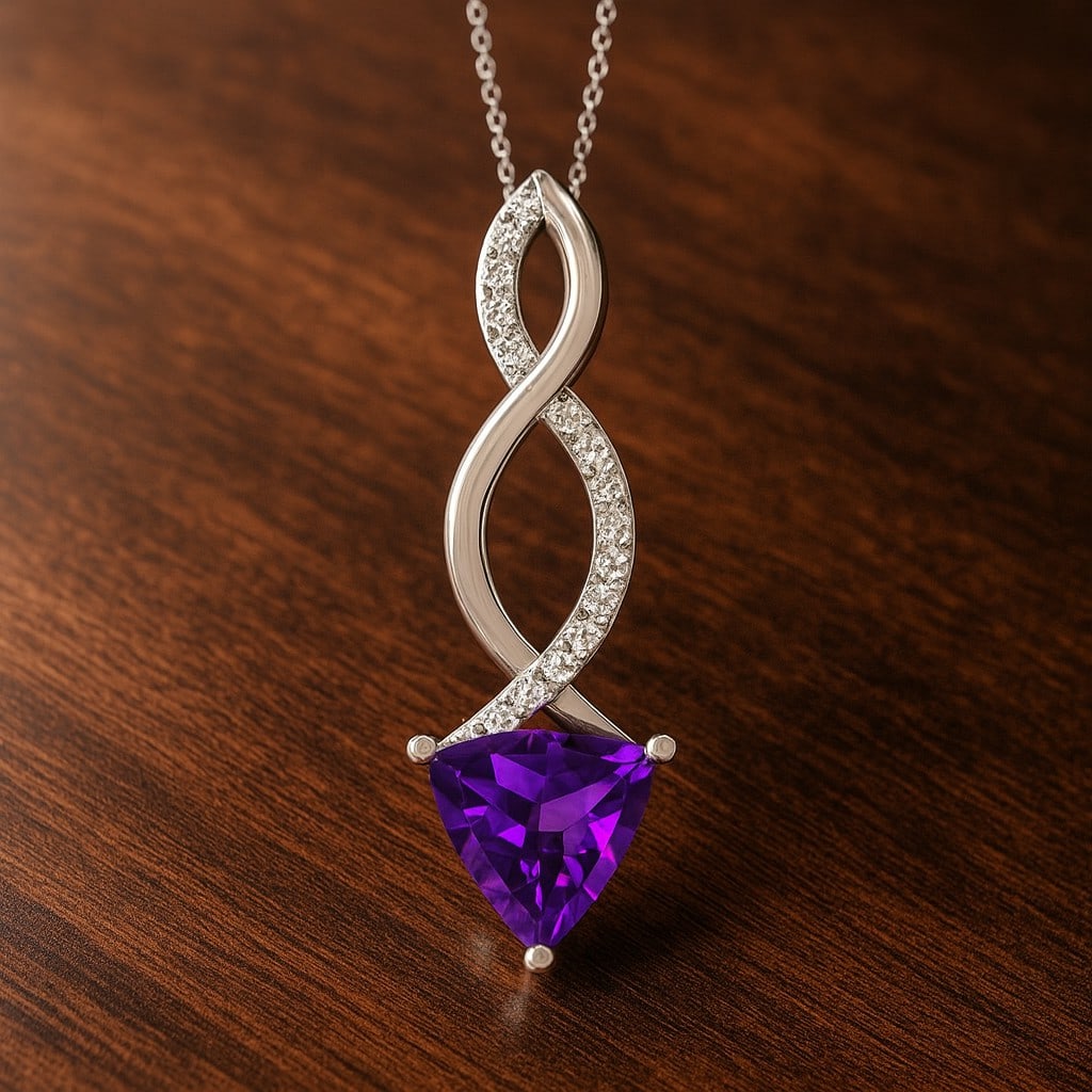 Natural Amethyst & Diamond 92.5 Sterling Silver Pendant with Chain: Natural Amethyst & Diamond 92.5 Sterling Silver Pendant with Chain Gemstone Shape : Trillion Curved Gemstone Size : 7 MM Gemstone Quantity : 1 Piece Diamond Type : Lab Grown Diamond Shape : Round<