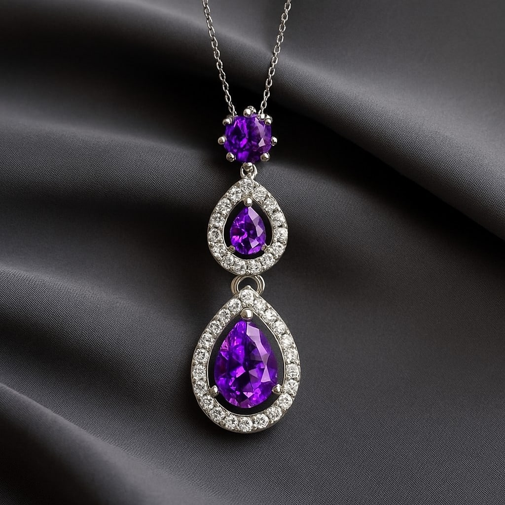 Natural Amethyst & Diamond 92.5 Sterling Silver Pendant with Chain: Natural Amethyst & Diamond 92.5 Sterling Silver Pendant with Chain Gemstone Shape : Pear, Round Gemstone Size : 7x5 MM, 4x3 MM, 3.5 MM Gemstone Quantity : 3 Pieces Diamond Type : Lab Grown Diamond Sha