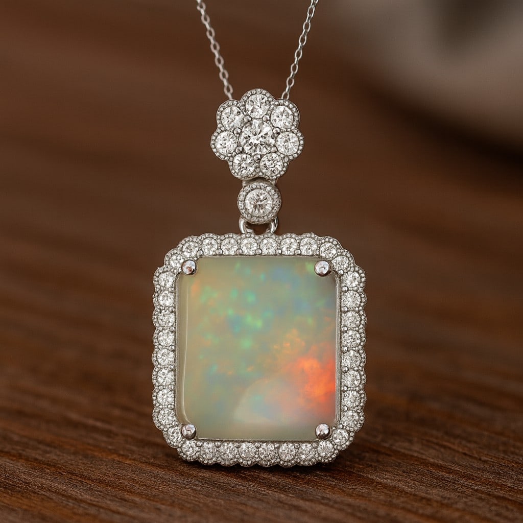 Natural Opal & Diamond 92.5 Sterling Silver Pendant with Chain (1 of 7)