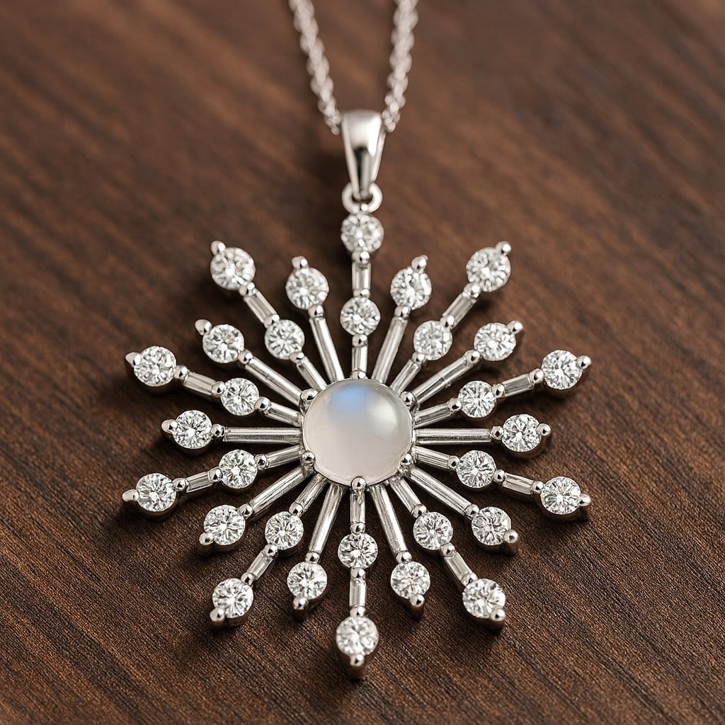 Natural Moonstone & Diamond 92.5 Sterling Silver Pendant with Chain: Natural Moonstone & Diamond 92.5 Sterling Silver Pendant with Chain Gemstone Shape : Round Gemstone Size : 4.5 MM Gemstone Quantity : 1 Piece Diamond Type : Lab Grown Diamond Shape : Round Diam