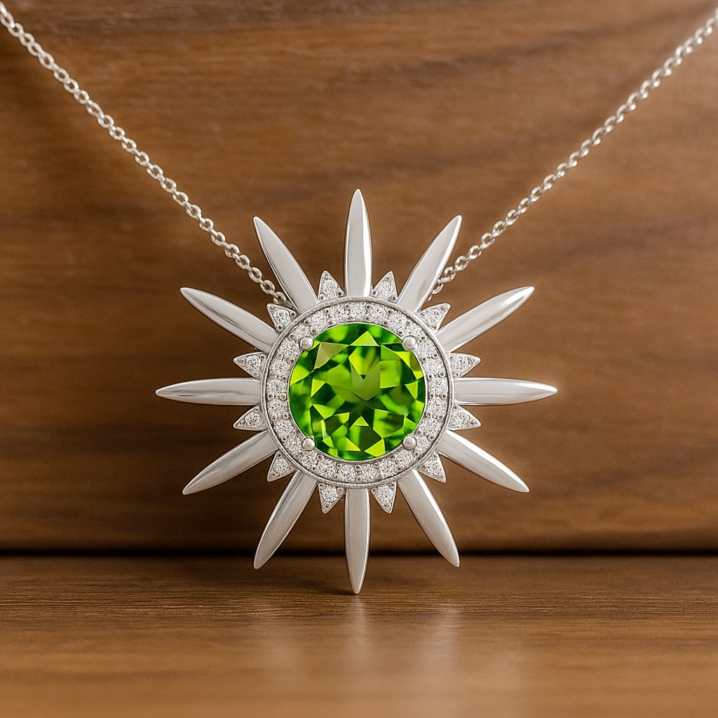 Natural Peridot & Diamond 92.5 Sterling Silver Pendant with Chain: Natural Peridot & Diamond 92.5 Sterling Silver Pendant with Chain Gemstone Shape : Round Gemstone Size : 8 MM Gemstone Quantity : 1 Piece Diamond Type : Lab Grown Diamond Shape : Round Diamond
