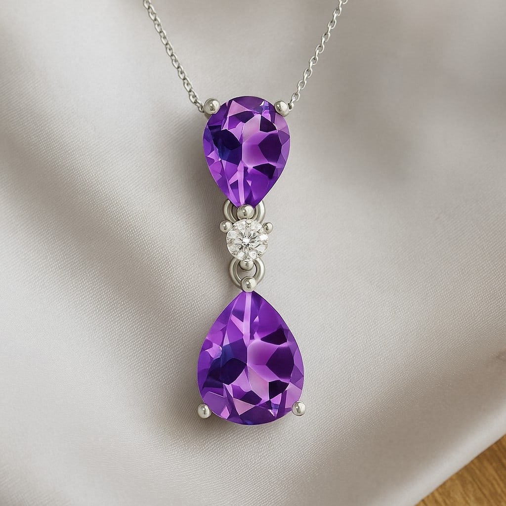 Natural Amethyst & Diamond 92.5 Sterling Silver Pendant with Chain (1 of 7)