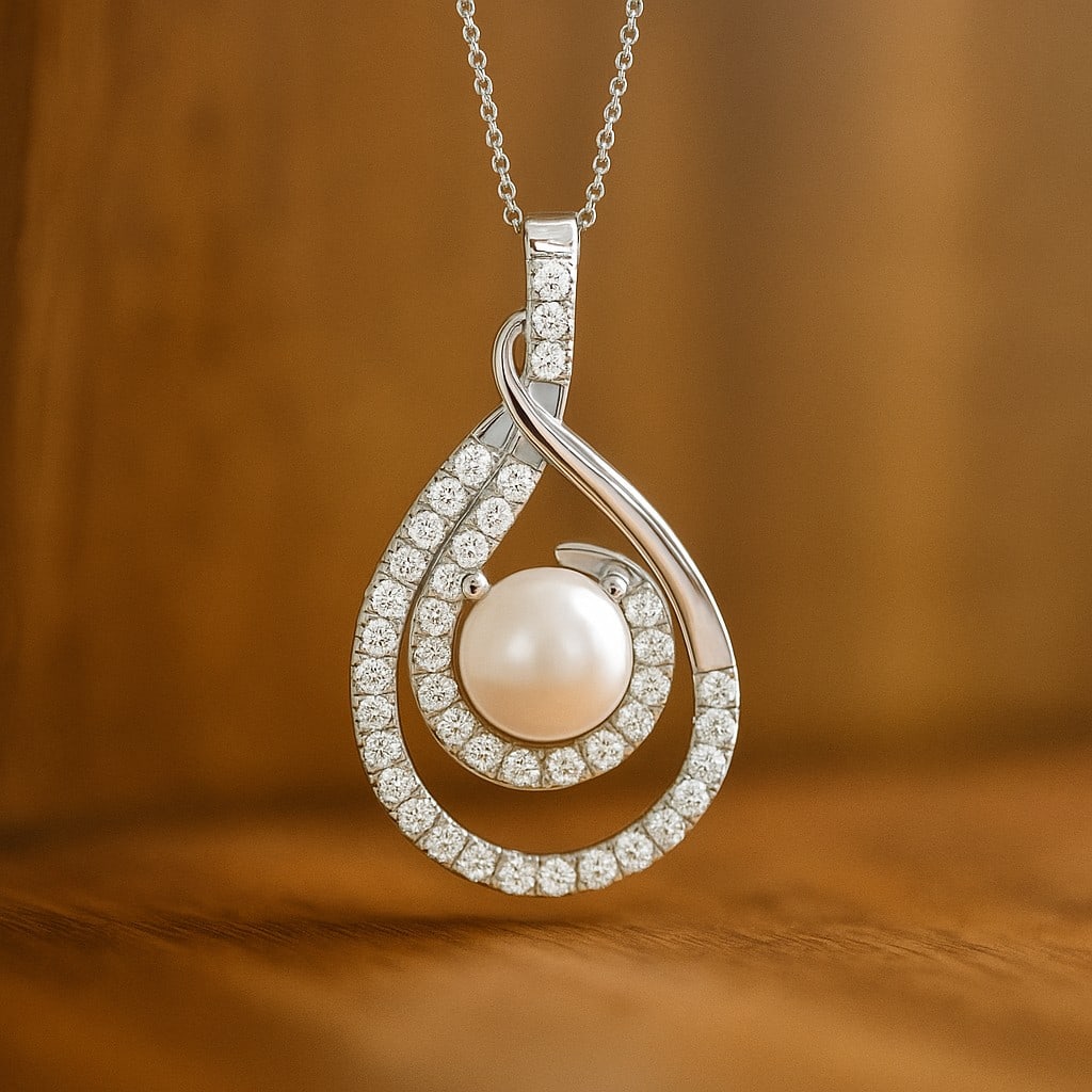 Natural Pearl & Diamond 92.5 Sterling Silver Pendant with Chain: Natural Pearl & Diamond 92.5 Sterling Silver Pendant with Chain Gemstone Shape : Round Gemstone Size : 5 MM Gemstone Quantity : 1 Piece Diamond Type : Lab Grown Diamond Shape : Round Diamond Co