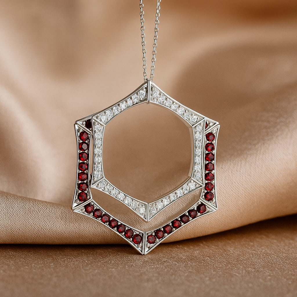 Natural Garnet & Diamond 92.5 Sterling Silver Pendant with Chain: Natural Garnet & Diamond 92.5 Sterling Silver Pendant with Chain Gemstone Shape : Round Gemstone Size : 1.4 MM Gemstone Quantity : 84 Pieces Diamond Type : Lab Grown Diamond Shape : Round Diamo