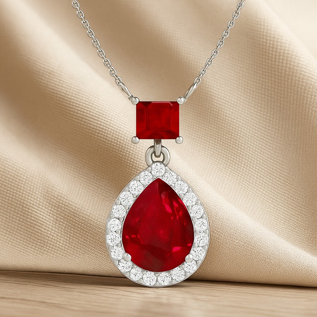 Natural Ruby & Diamond 92.5 Sterling Silver Pendant with Chain: Natural Ruby & Diamond 92.5 Sterling Silver Pendant with Chain Gemstone Shape : Pear, Princess Gemstone Size : 9x7MM, 1 MM Gemstone Quantity : 2 Pieces Diamond Type : Lab Grown Diamond Shape : Round</