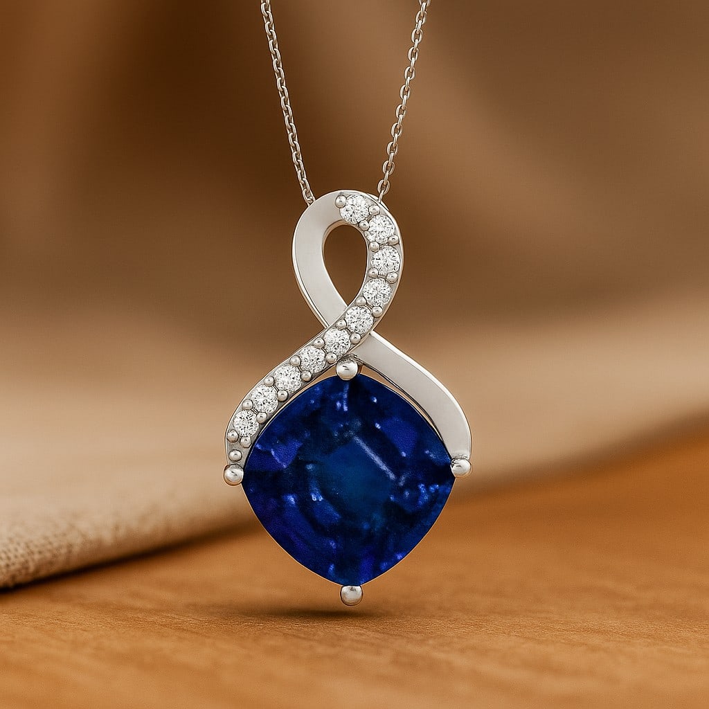 Natural Blue Sapphire & Diamond 92.5 Sterling Silver Pendant with Chain: Natural Blue Sapphire & Diamond 92.5 Sterling Silver Pendant with Chain Gemstone Shape : Cushion Square Gemstone Size : 8 MM Gemstone Quantity : 1 Piece Diamond Type : Lab Grown Diamond Shape : Round<