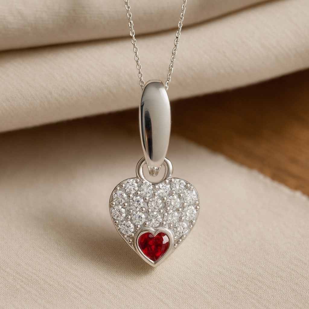 Natural Ruby & Diamond 92.5 Sterling Silver Pendant with Chain: Natural Ruby & Diamond 92.5 Sterling Silver Pendant with Chain Gemstone Shape : Heart Gemstone Size : 3 MM Gemstone Quantity : 1 Piece Diamond Type : Lab Grown Diamond Shape : Round Diamond Col