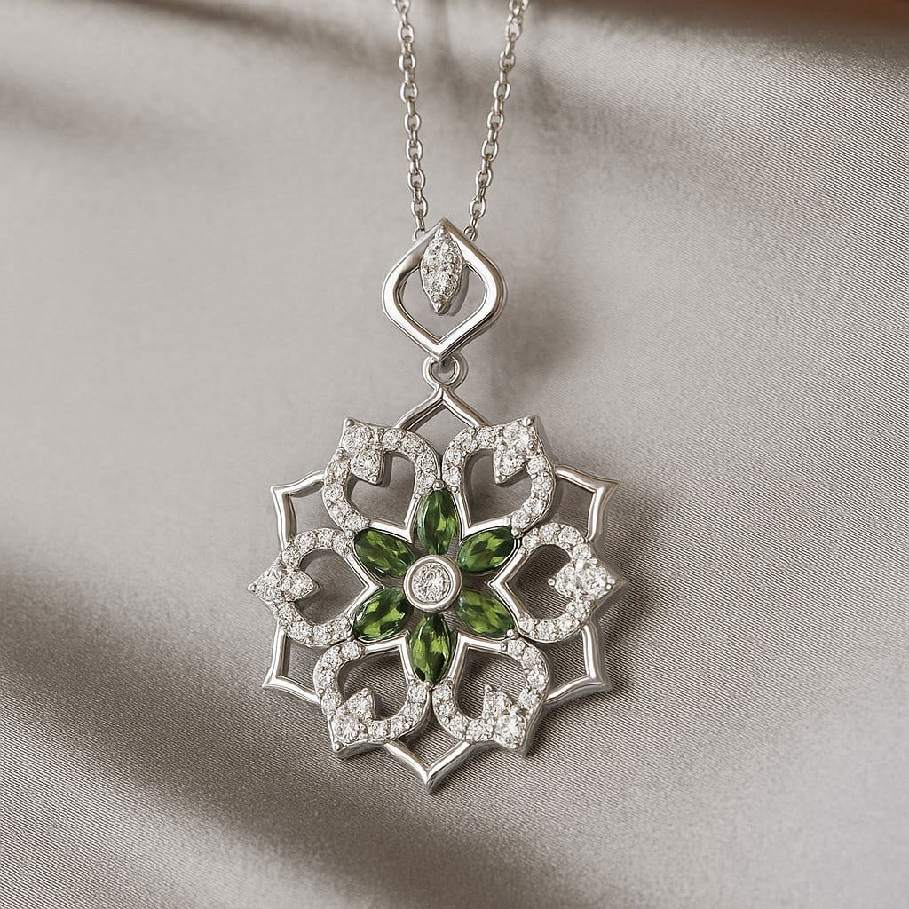 Natural Peridot & Diamond 92.5 Sterling Silver Pendant with Chain (1 of 7)