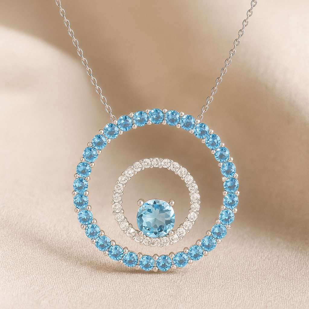 Natural Aquamarine & Diamond 92.5 Sterling Silver Necklace: Natural Aquamarine & Diamond 92.5 Sterling Silver Necklace Gemstone Shape : Round Gemstone Size : 5 MM, 2 MM Gemstone Quantity : 1 Piece, 28 Pieces Diamond Type : Lab Grown Diamond Shape : Round