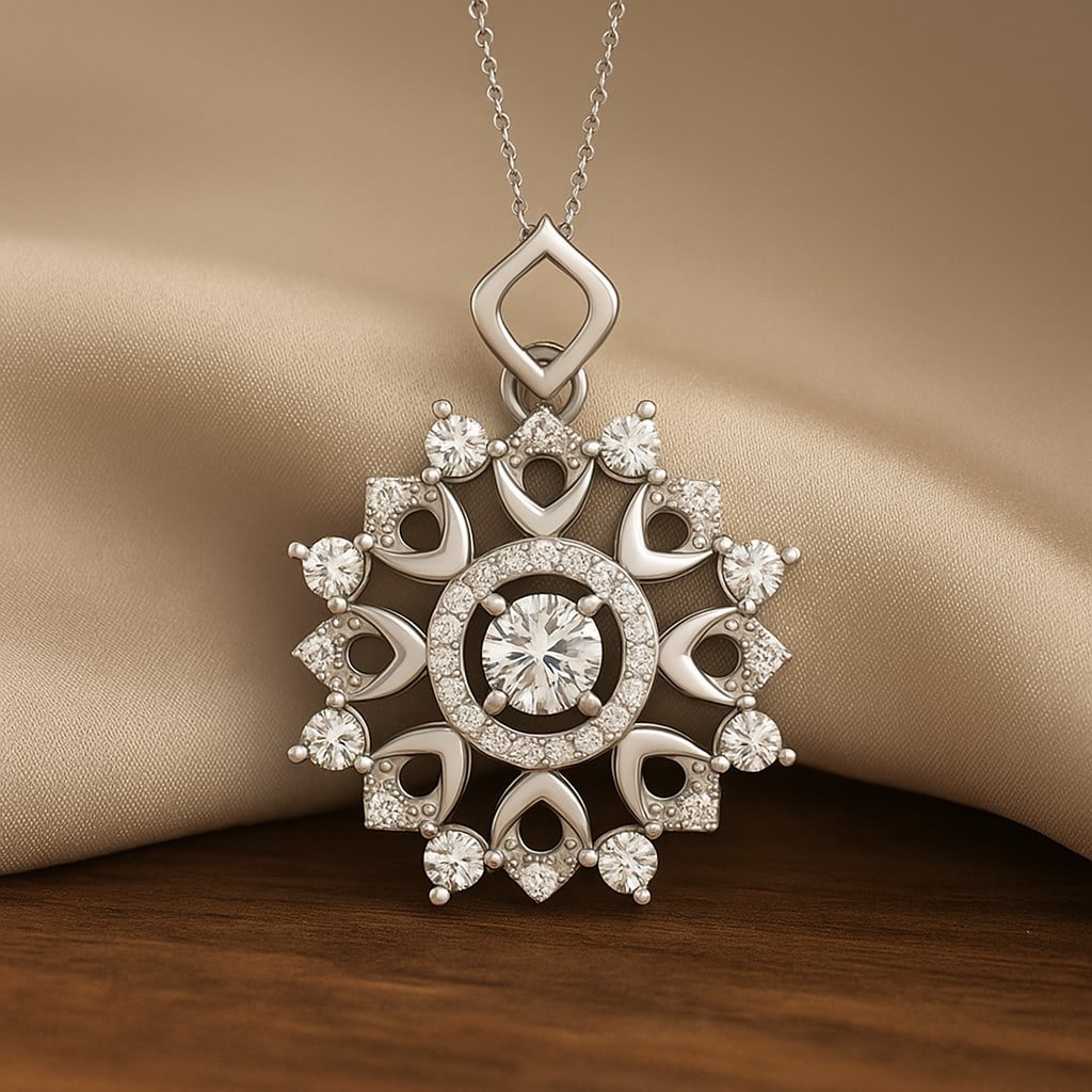 Lab Grown Diamond 92.5 Sterling Silver Pendant with Chain: Lab Grown Diamond 92.5 Sterling Silver Pendant with Chain Gemstone Shape : Round Gemstone Size : 4 MM, 2 MM Gemstone Quantity : 1 Piece, 8 Pieces Diamond Type : Lab Grown Diamond Shape : Round