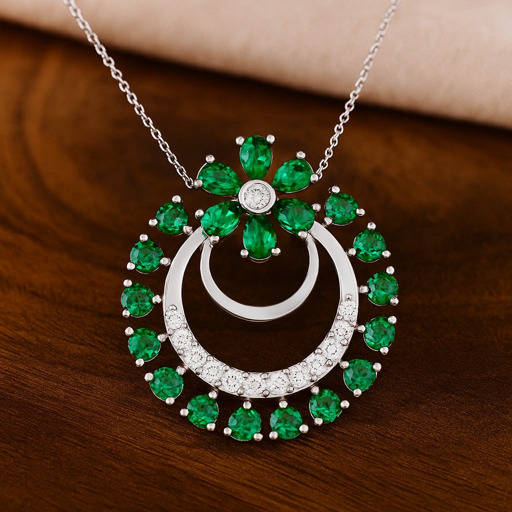 Lab Grown Emerald & Diamond 92.5 Sterling Silver Pendant with Chain: Lab Grown Emerald & Diamond 92.5 Sterling Silver Pendant with Chain Gemstone Shape : Round Gemstone Size : 3x2 MM, 2 MM Gemstone Quantity : 6 Pieces, 13 Pieces Diamond Type : Lab Grown Diamond Shape :