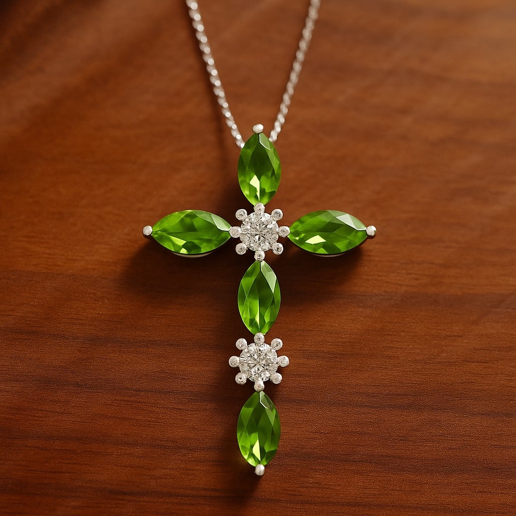 Natural Peridot & Diamond 92.5 Sterling Silver Pendant with Chain: Natural Peridot & Diamond 92.5 Sterling Silver Pendant with Chain Gemstone Shape : Marquise Gemstone Size : 7x3.5 MM Gemstone Quantity : 5 Pieces Diamond Type : Lab Grown Diamond Shape : Round