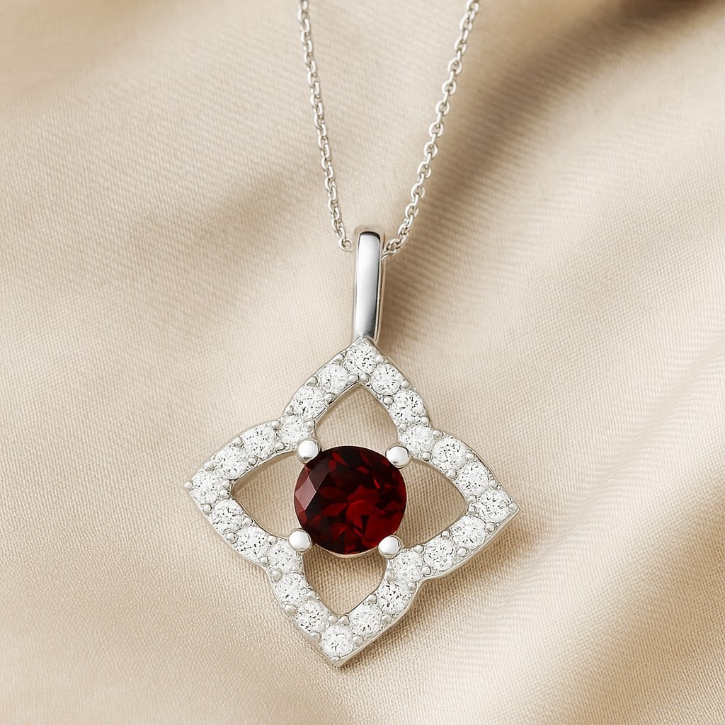 Natural Garnet & Diamond 92.5 Sterling Silver Pendant with Chain: Natural Garnet & Diamond 92.5 Sterling Silver Pendant with Chain Gemstone Shape : Round Gemstone Size : 3.3 MM Gemstone Quantity : 1 Piece Diamond Type : Lab Grown Diamond Shape : Round Diamond