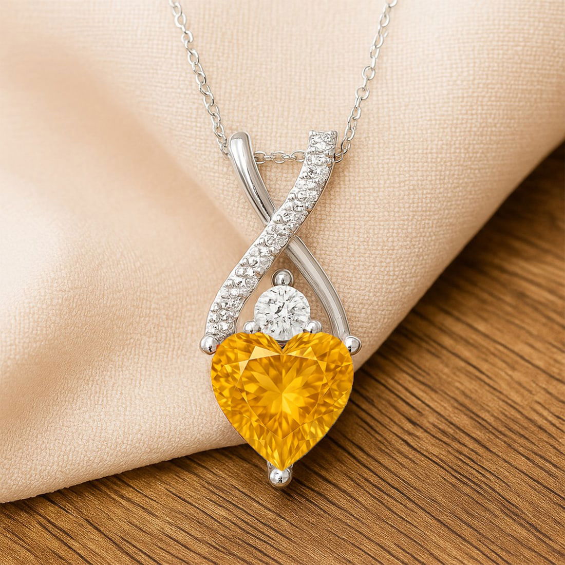 Natural Citrine & Diamond 92.5 Sterling Silver Pendant with Chain: Natural Citrine & Diamond 92.5 Sterling Silver Pendant with Chain Gemstone Shape : Heart Gemstone Size : 5 MM Gemstone Quantity : 1 Piece Diamond Type : Lab Grown Diamond Shape : Round Diamond