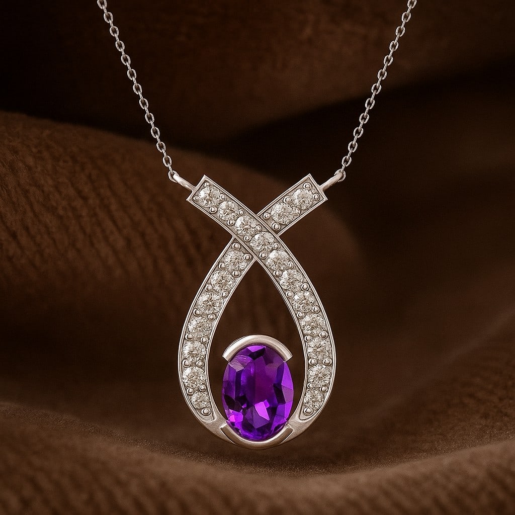 Natural Amethyst & Diamond 92.5 Sterling Silver Pendant with Chain (1 of 7)
