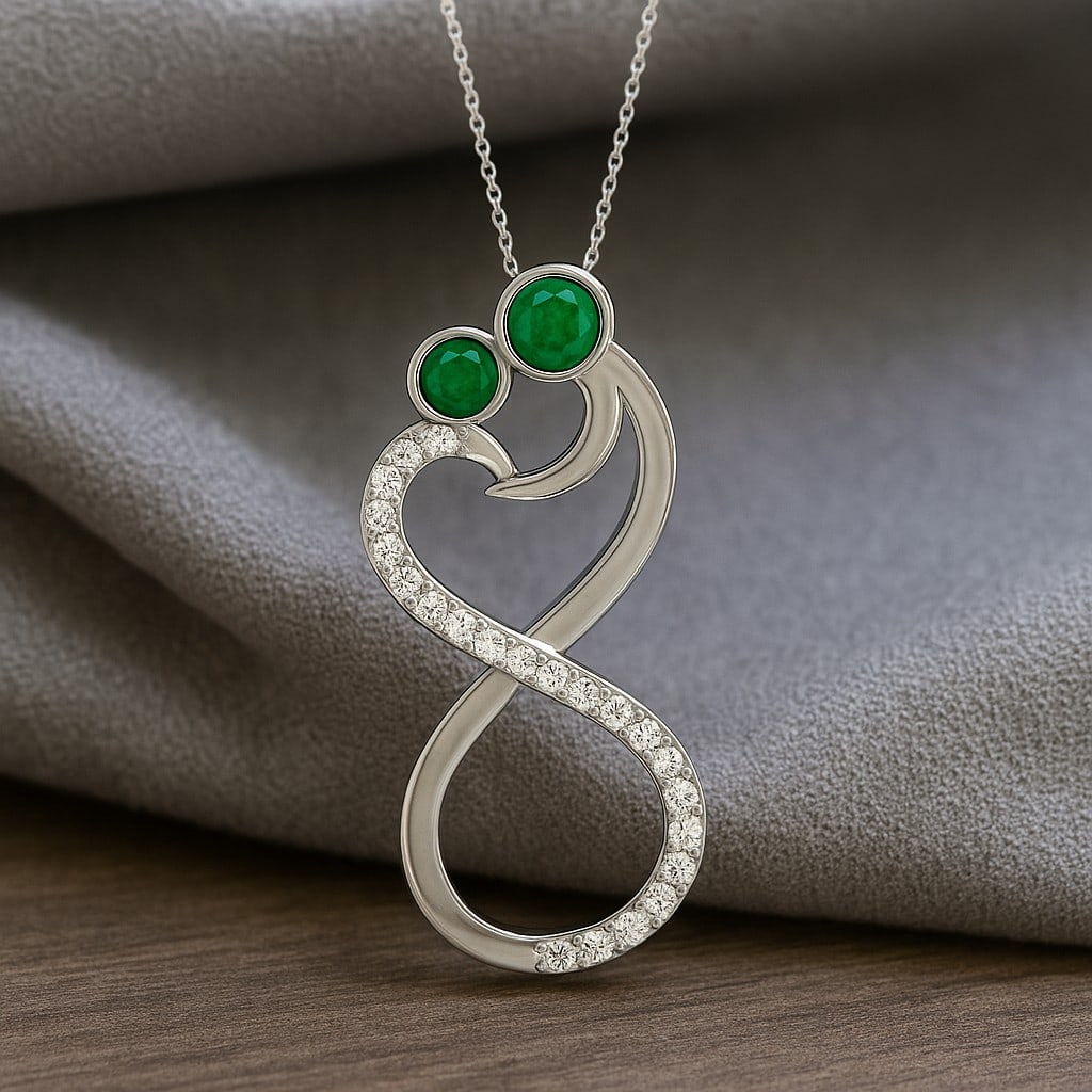 Lab Grown Emerald & Diamond 92.5 Sterling Silver Pendant with Chain: Lab Grown Emerald & Diamond 92.5 Sterling Silver Pendant with Chain Gemstone Shape : Round Gemstone Size : 3.2 MM, 2.8 MM Gemstone Quantity : 2 Pieces Diamond Type : Lab Grown Diamond Shape : Round