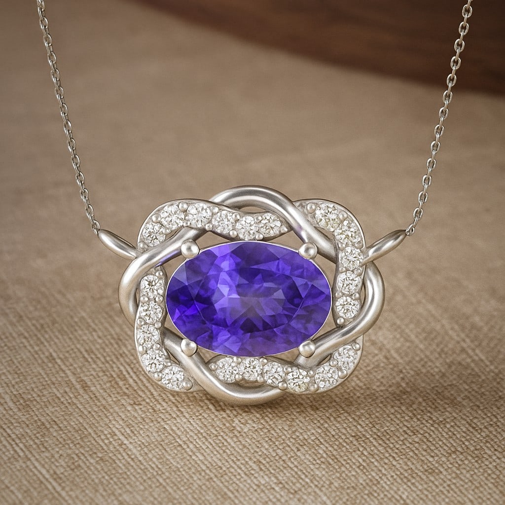 Natural Tanzanite & Diamond 92.5 Sterling Silver Necklace (1 of 7)