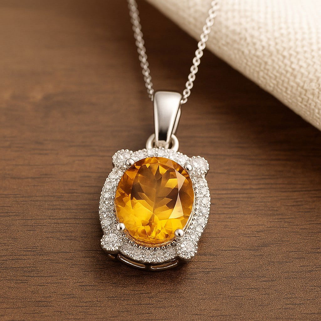 Natural Citrine & Diamond 92.5 Sterling Silver Pendant with Chain (1 of 7)