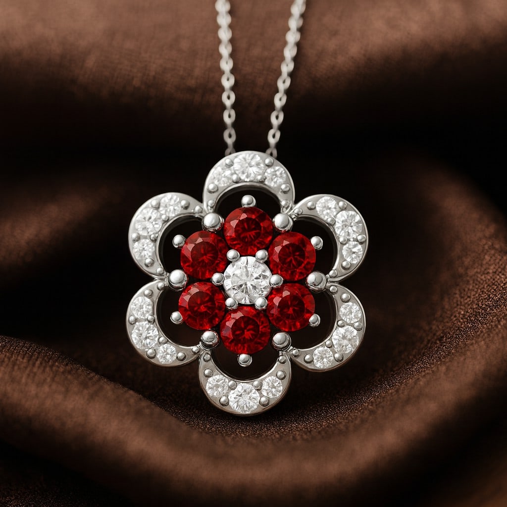 Natural Garnet & Diamond 92.5 Sterling Silver Pendant with Chain: Natural Garnet & Diamond 92.5 Sterling Silver Pendant with Chain Gemstone Shape : Round Gemstone Size : 2.5 MM Gemstone Quantity : 6 Pieces Diamond Type : Lab Grown Diamond Shape : Round Diamon