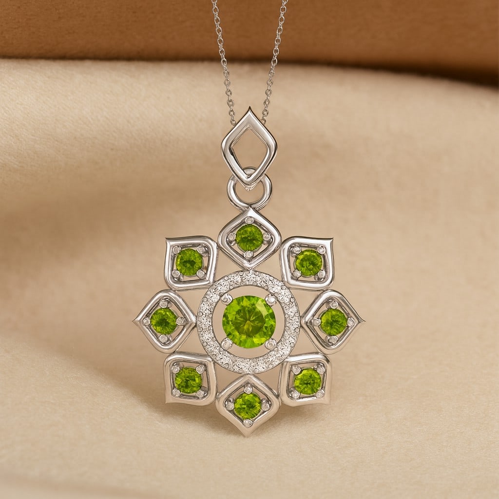 Natural Peridot & Diamond 92.5 Sterling Silver Pendant with Chain (1 of 7)