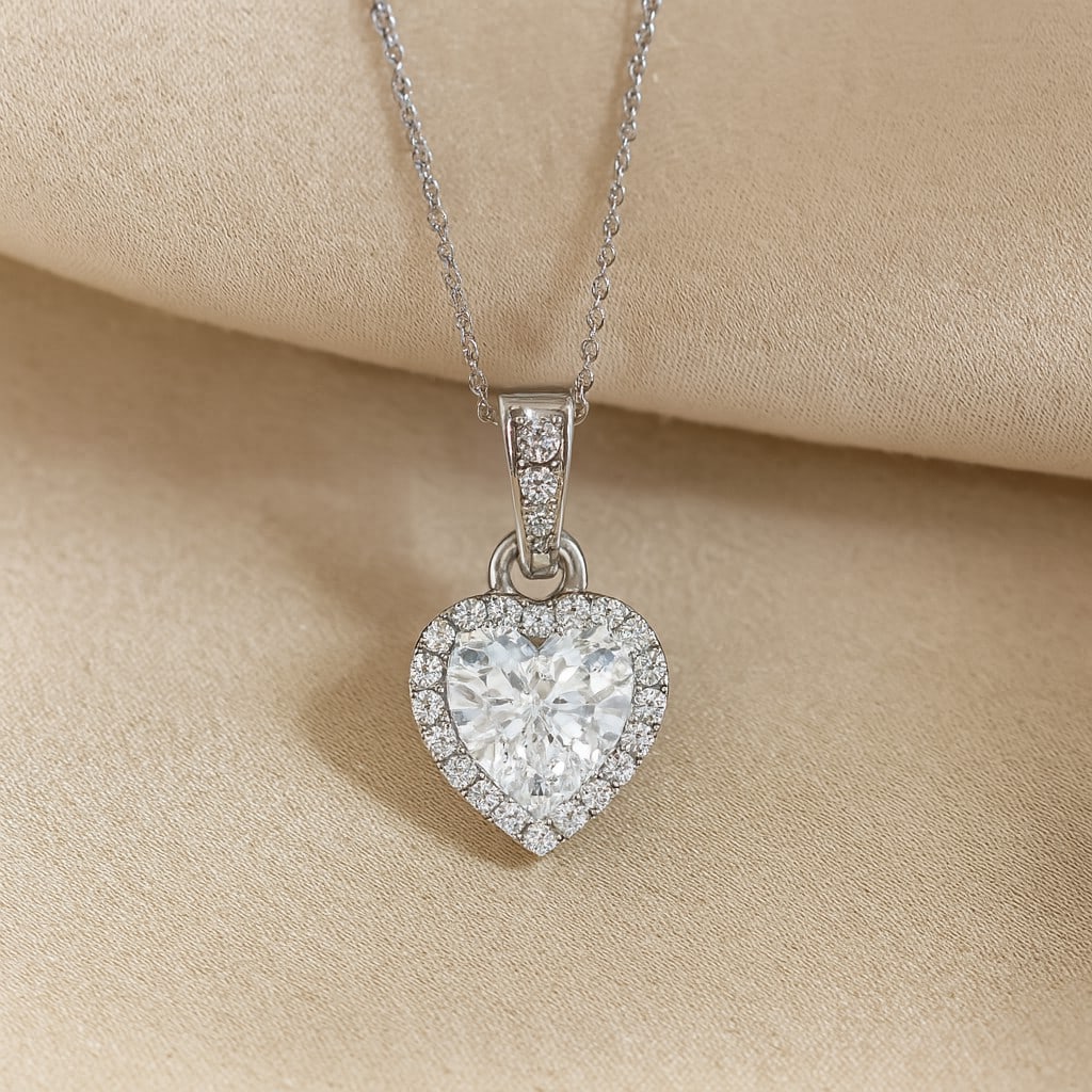 Lab Grown Diamond 92.5 Sterling Silver Pendant with Chain: Lab Grown Diamond 92.5 Sterling Silver Pendant with Chain Gemstone Shape : Heart Gemstone Size : 6 MM Gemstone Quantity : 1 Piece Diamond Type : Lab Grown Diamond Shape : Round Diamond Color :