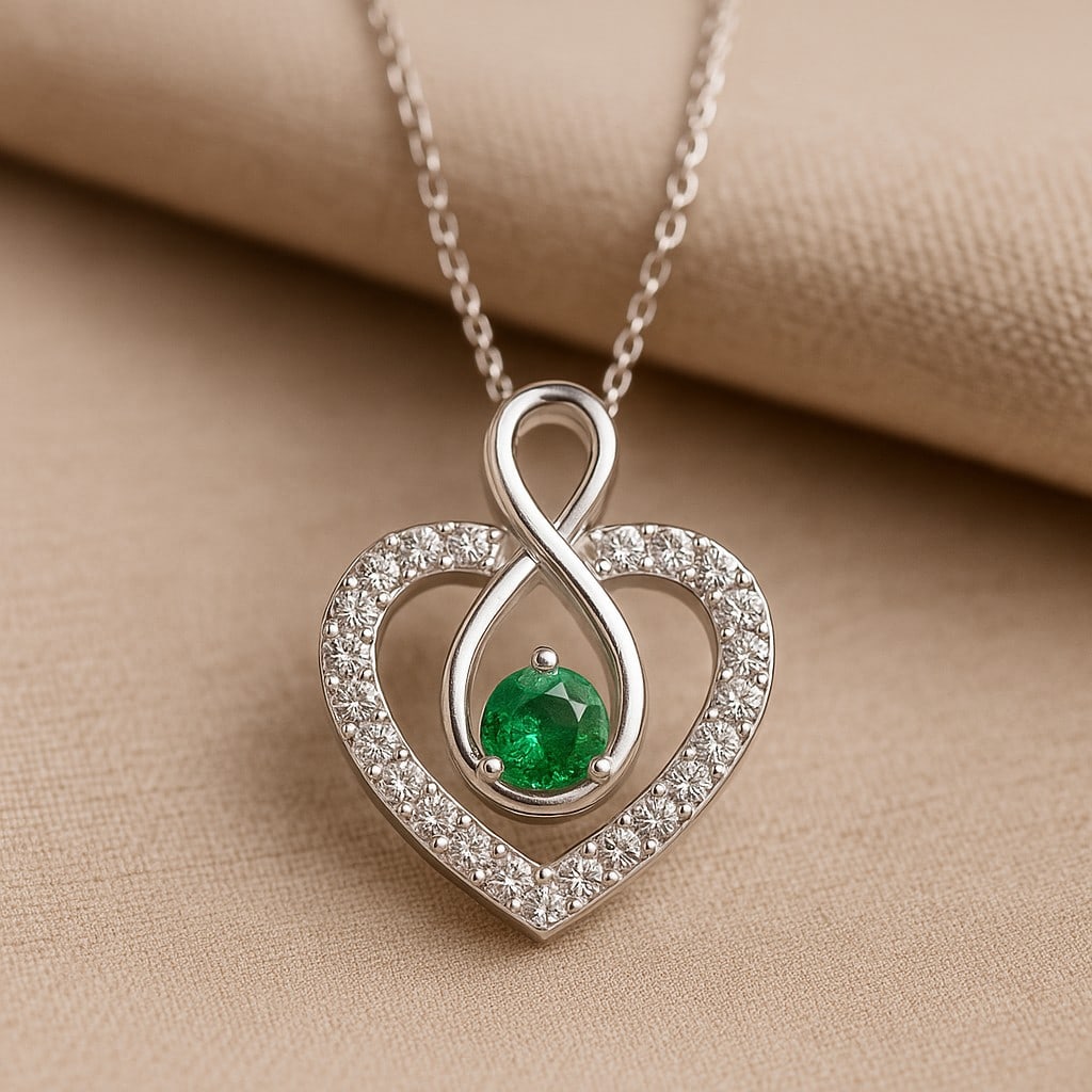 Lab Grown Emerald & Diamond 92.5 Sterling Silver Pendant with Chain: Lab Grown Emerald & Diamond 92.5 Sterling Silver Pendant with Chain Gemstone Shape : Round Gemstone Size : 3.5 MM Gemstone Quantity : 1 Piece Diamond Type : Lab Grown Diamond Shape : Round Diam