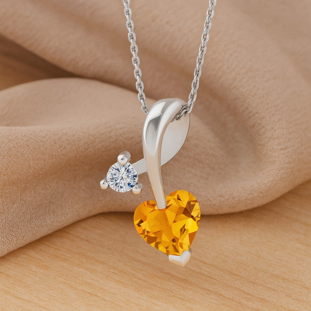 Natural Citrine & Diamond 92.5 Sterling Silver Pendant with Chain: Natural Citrine & Diamond 92.5 Sterling Silver Pendant with Chain Gemstone Shape : Heart Gemstone Size : 4 MM Gemstone Quantity : 1 Piece Diamond Type : Lab Grown Diamond Shape : Round Diamond