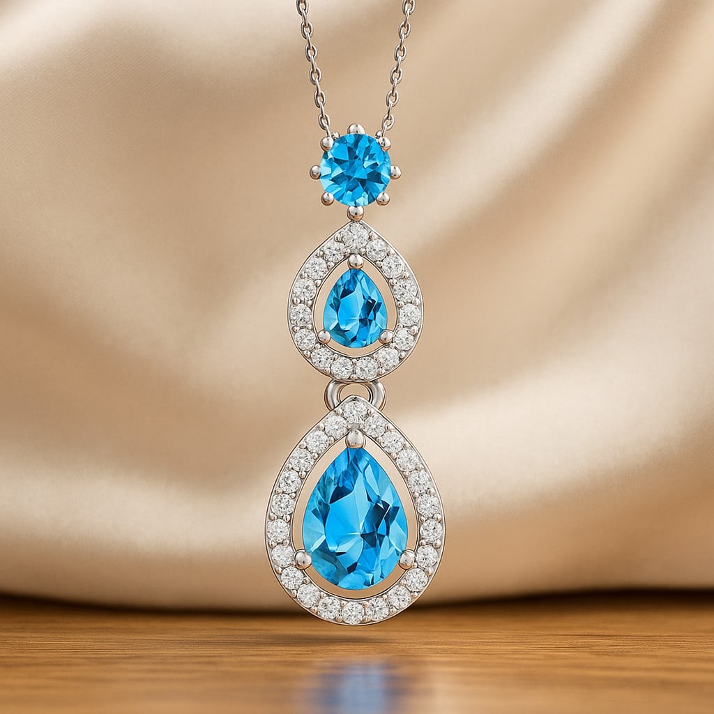 Natural Swiss Blue Topaz & Diamond 92.5 Sterling Silver Pendant with Chain (1 of 7)