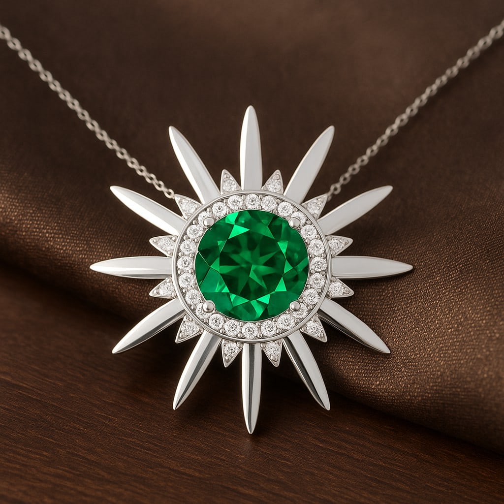 Lab Grown Emerald & Diamond 92.5 Sterling Silver Pendant with Chain: Lab Grown Emerald & Diamond 92.5 Sterling Silver Pendant with Chain Gemstone Shape : Round Gemstone Size : 8 MM Gemstone Quantity : 1 Piece Diamond Type : Lab Grown Diamond Shape : Round Diamon