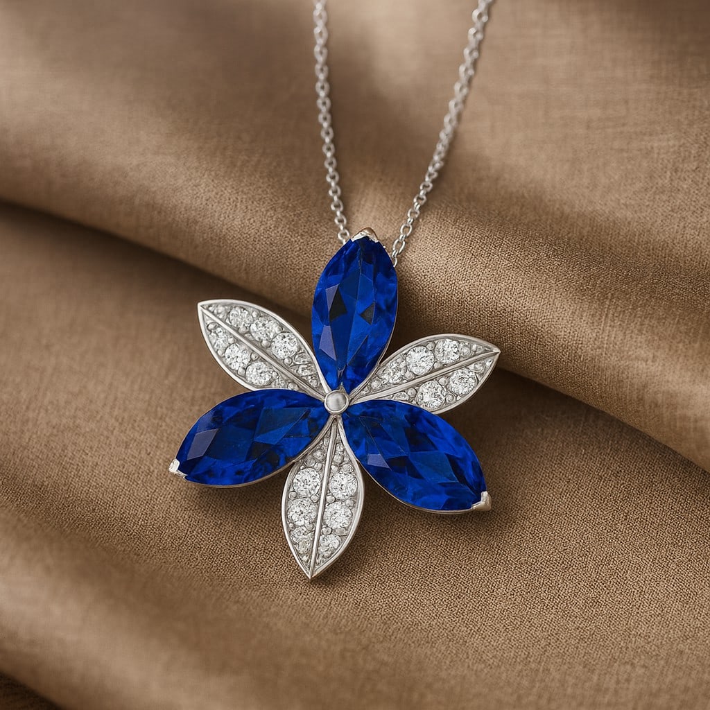 Natural Blue Sapphire & Diamond 92.5 Sterling Silver Pendant with Chain: Natural Blue Sapphire & Diamond 92.5 Sterling Silver Pendant with Chain Gemstone Shape : Marquise Gemstone Size : 12x6 MM Gemstone Quantity : 3 Pieces Diamond Type : Lab Grown Diamond Shape : Round