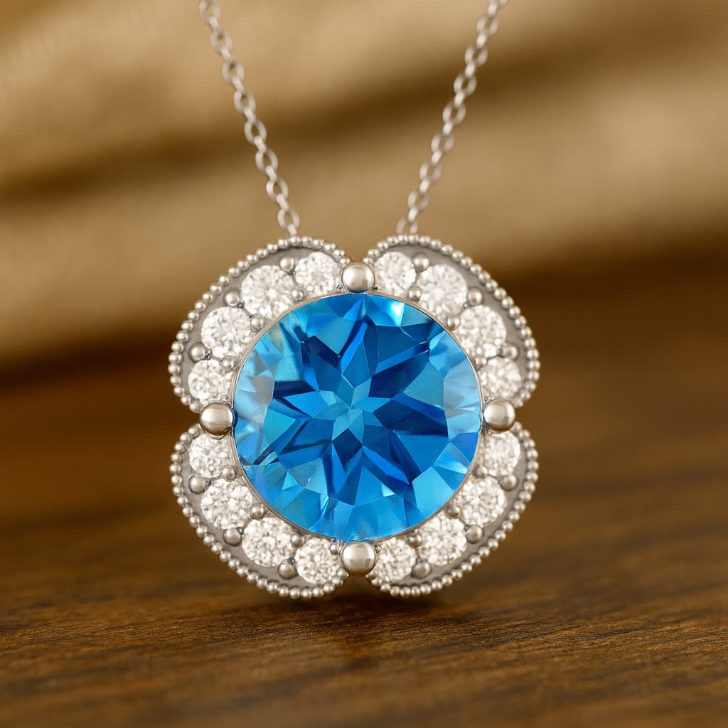 Natural Swiss Blue Topaz & Diamond 92.5 Sterling Silver Necklace: Natural Swiss Blue Topaz & Diamond 92.5 Sterling Silver Necklace Gemstone Shape : Round Gemstone Size : 8 MM Gemstone Quantity : 1 Piece Diamond Type : Lab Grown Diamond Shape : Round Diamond C