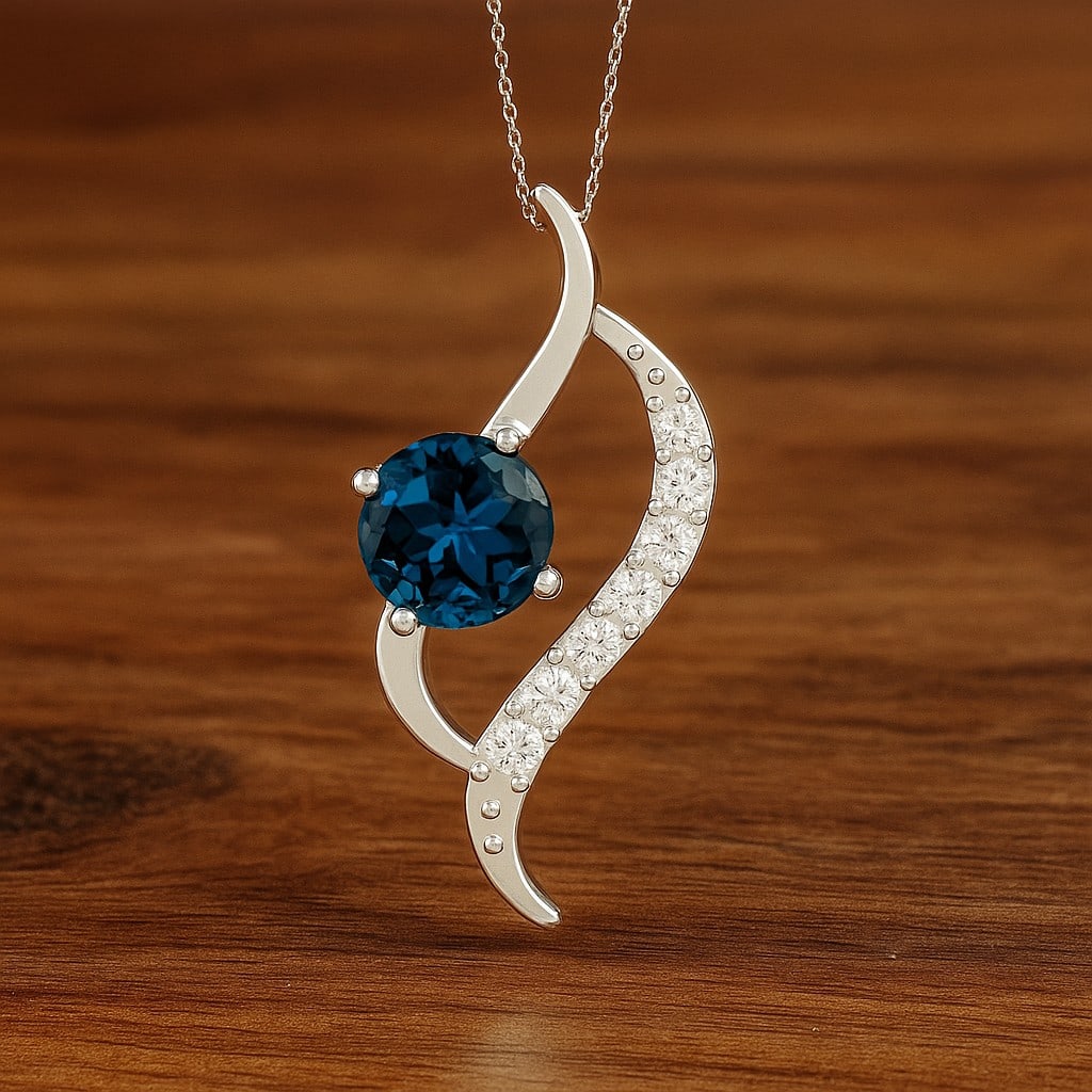 Natural London Blue Topaz & Diamond 92.5 Sterling Silver Pendant with Chain: Natural London Blue Topaz & Diamond 92.5 Sterling Silver Pendant with Chain Gemstone Shape : Round Gemstone Size : 6 MM Gemstone Quantity : 1 Piece Diamond Type : Lab Grown Diamond Shape : Round